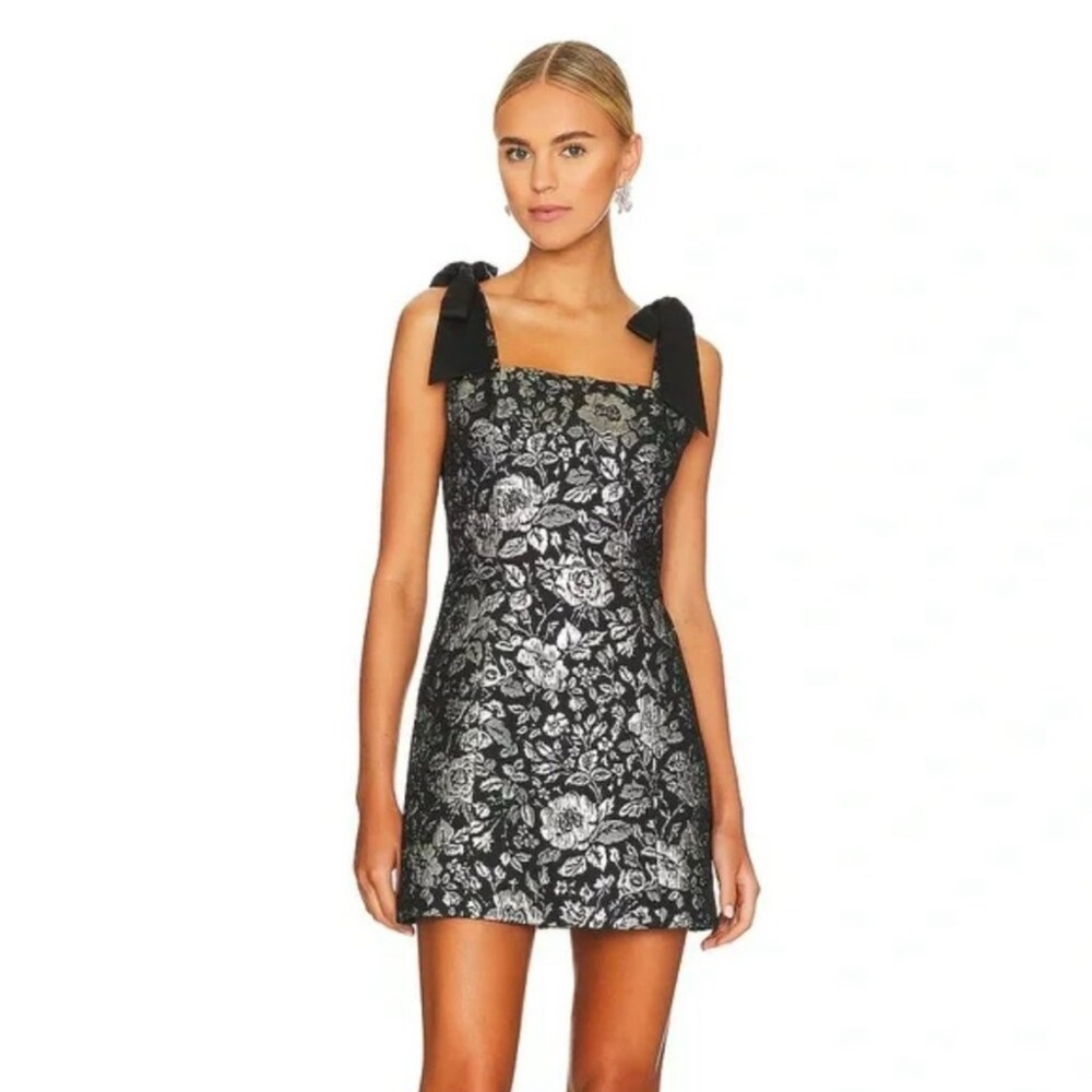 Alice & Olivia Black Silver Maryanne Tie Shoulder Jacquard
Mini Dress